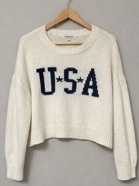 Grayson Threads USA Flag Cropped Sweater Off White Blue Size L